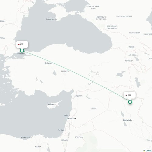 Mapa lotu bezpośredniego Stambuł – Kirkuk