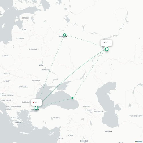 Mapa de vuelo directo Estambul - Samara