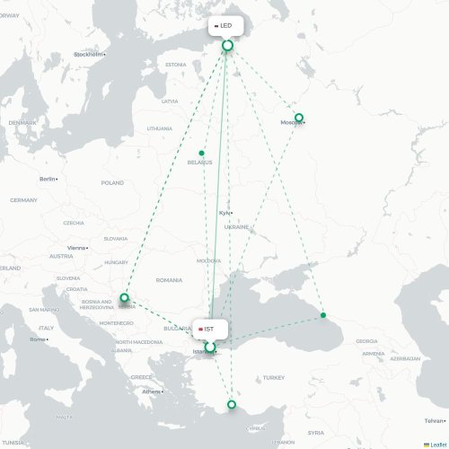 Mapa de vuelo directo Estambul - San Petersburgo