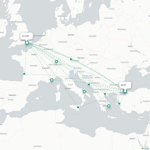 Mapa de vuelo directo Estambul - Londres