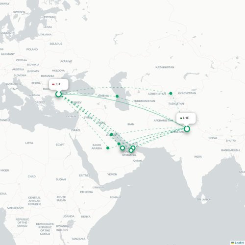 Mapa de vuelo directo Estambul - Lahore