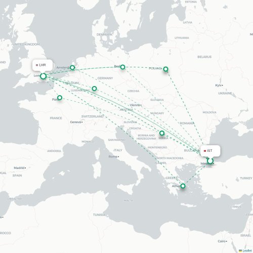 Mapa de vuelo directo Estambul - Londres