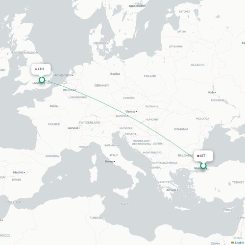 Mapa de vuelo directo Estambul - Londres