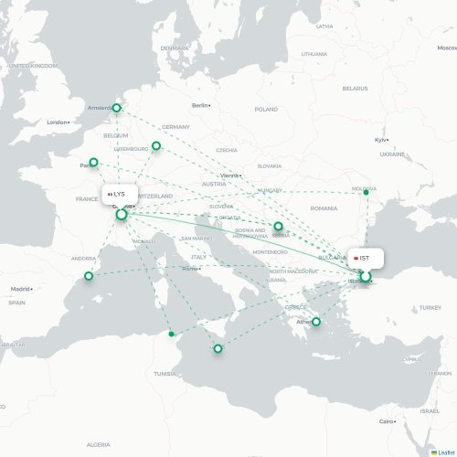 Mapa de vuelo directo Estambul - Lyon
