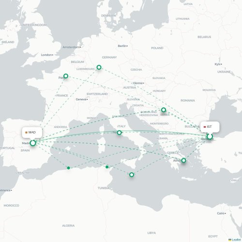 Mapa de vuelo directo Estambul - Madrid