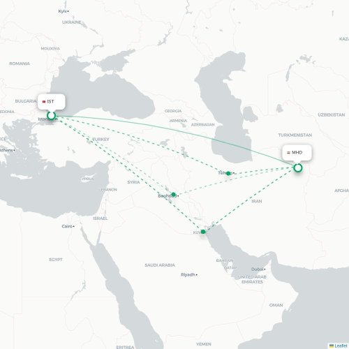 Mapa lotu bezpośredniego Stambuł – Meszhed