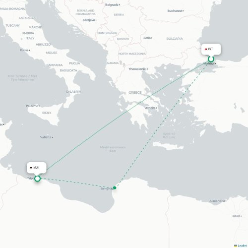 Mapa de vuelo directo Estambul - Trípoli