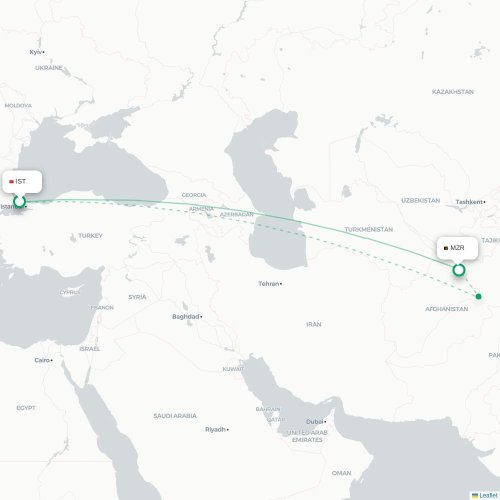 Mapa de vuelo directo Estambul - Mazār-e Šarīf