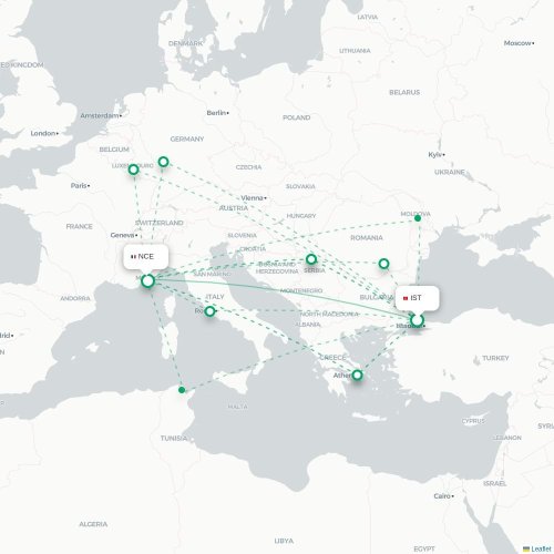 Mapa de vuelo directo Estambul - Niza