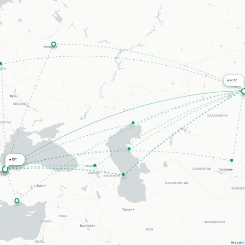 Mapa de vuelo directo Estambul - Astana