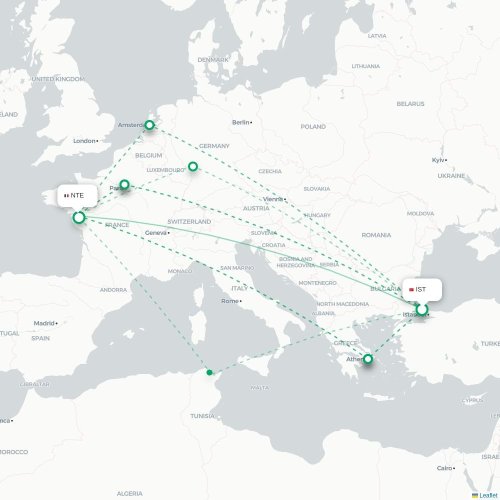 Mapa de vuelo directo Estambul - Nantes