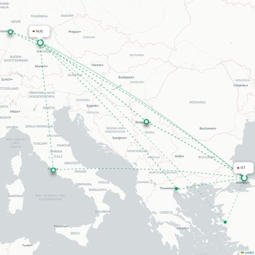 Mapa de vuelo directo Estambul - Nuremberg