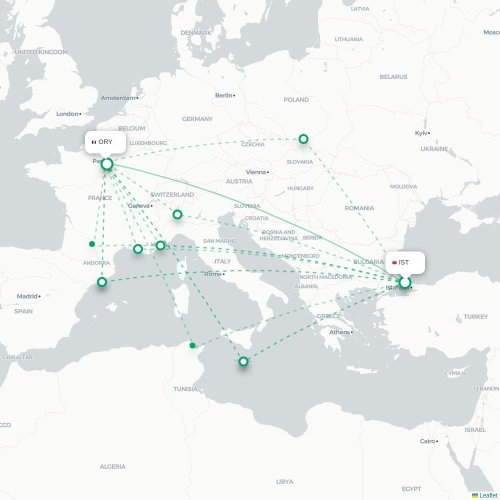 Mapa de vuelo directo Estambul - París