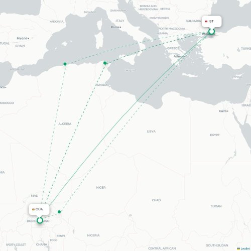 Istanbul - Ouagadougou karta över direktflyg
