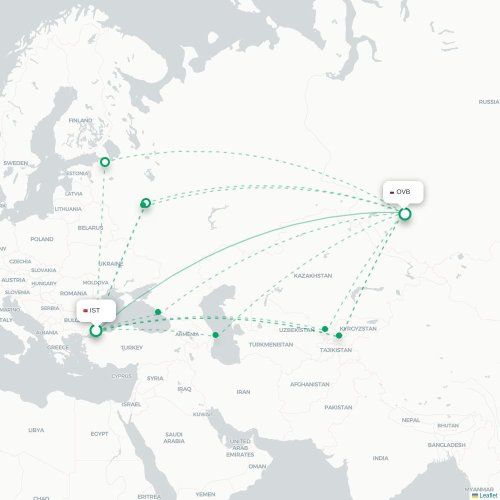 Mapa de vuelo directo Estambul - Novosibirsk