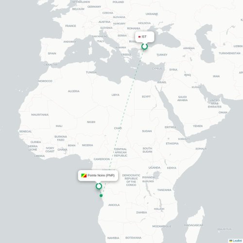 Istanbul - Pointe-Noire kaart van rechtstreekse vlucht