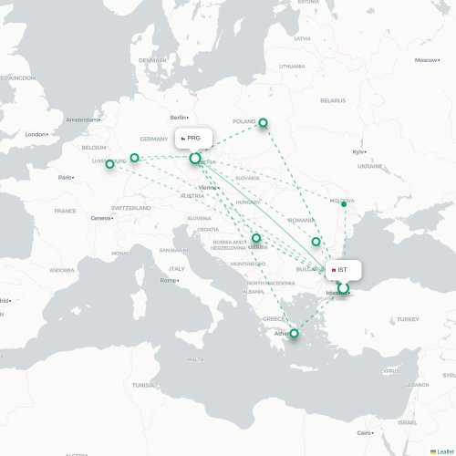 Mapa lotu bezpośredniego Stambuł – Praga