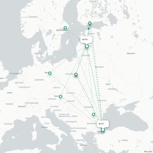 Mapa lotu bezpośredniego Stambuł – Ryga