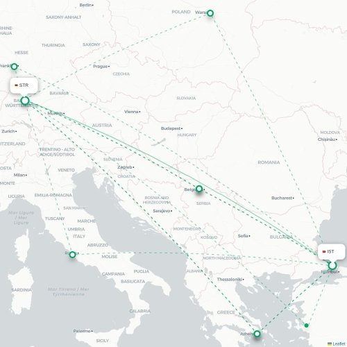 Mapa de vuelo directo Estambul - Stuttgart