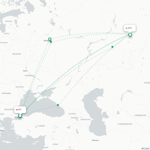 Mapa de vuelo directo Estambul - Ekaterinburgo