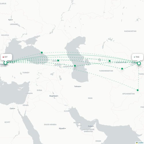 Mapa lotu bezpośredniego Stambuł – Taszkent