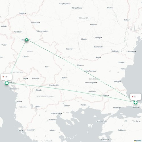Mapa lotu bezpośredniego Stambuł – Tivat