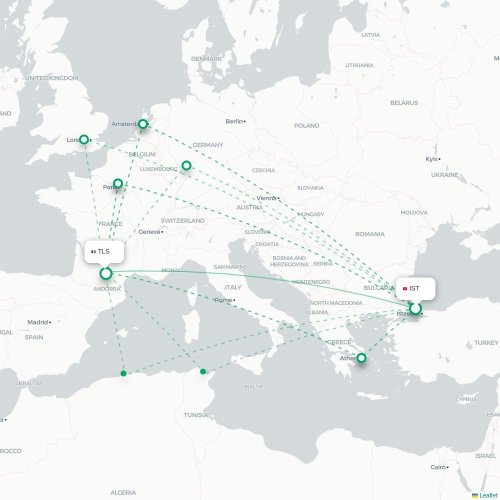 Mapa de vuelo directo Estambul - Toulouse