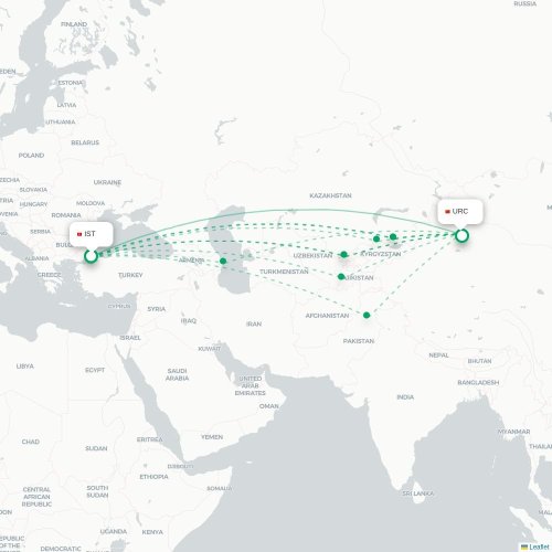 Mapa lotu bezpośredniego Stambuł – Urumczi