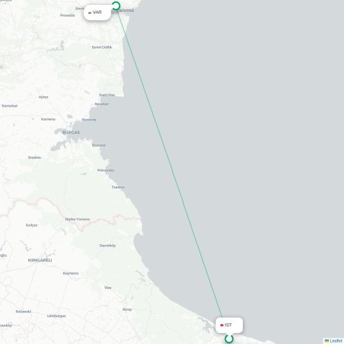 Mapa de vuelo directo Estambul - Varna