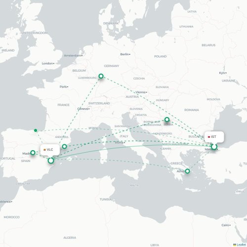 Mapa de vuelo directo Estambul - Valencia