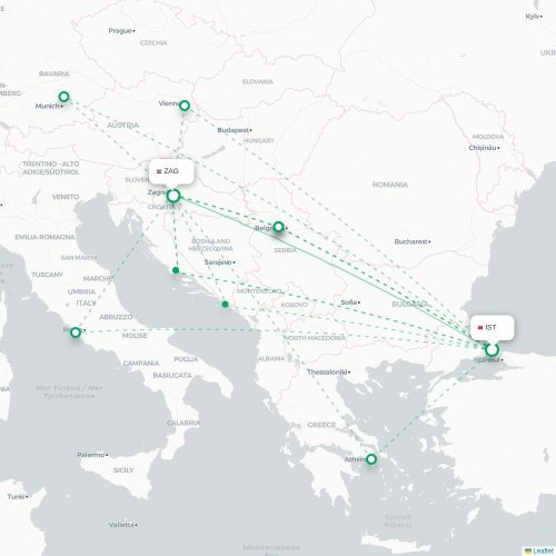Mapa lotu bezpośredniego Stambuł – Zagrzeb