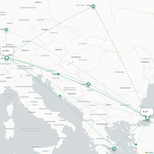 Istanbul - Zurich karta över direktflyg