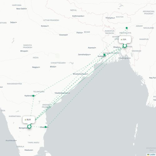 Agartala – Bangalore suoran lennon kartta