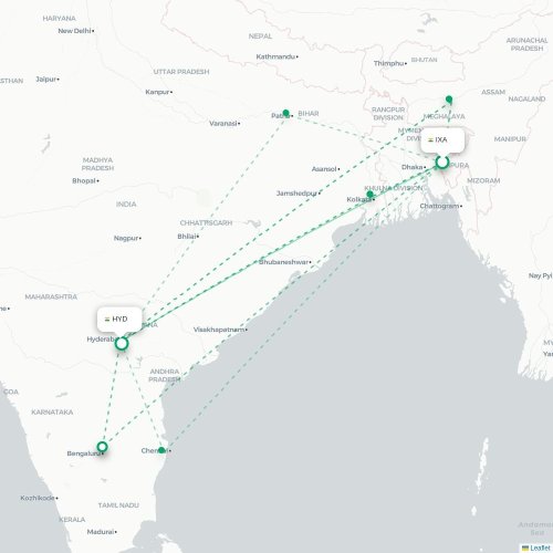 Agartala – Hyderabad suoran lennon kartta