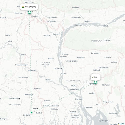 Agartala – Bagdogra suoran lennon kartta