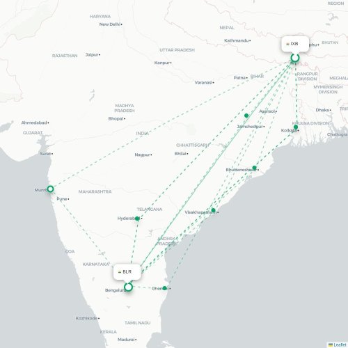 Mapa lotu bezpośredniego Bagdogra – Bangalore