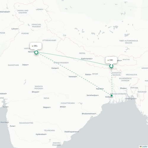 Mapa lotu bezpośredniego Bagdogra – Nowe Deli