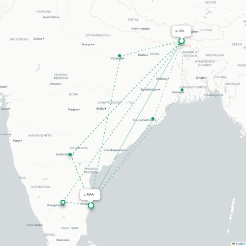 Mapa lotu bezpośredniego Bagdogra – Madras