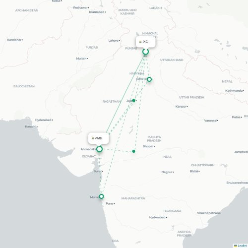 Mapa de vuelo directo Chandigarh - Ahmedabad