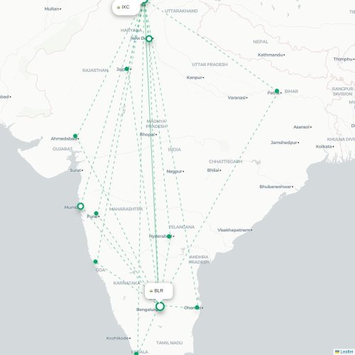 Mapa de vuelo directo Chandigarh - Bangalore