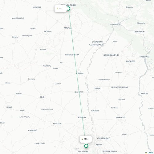 Mapa de vuelo directo Chandigarh - Nueva Delhi