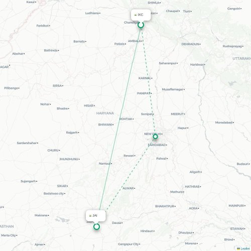 Mapa de vuelo directo Chandigarh - Jaipur