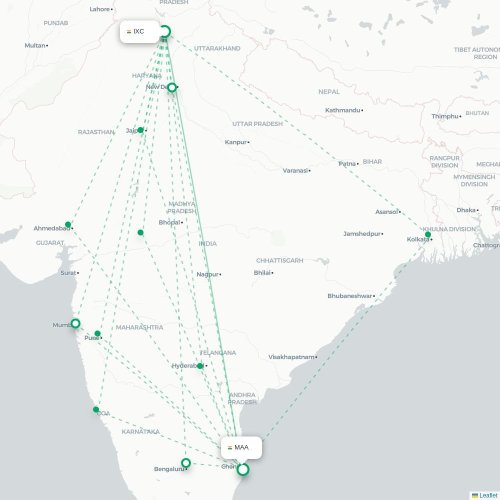Mapa de vuelo directo Chandigarh - Madrás