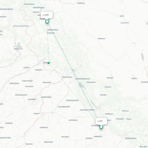 Mapa de vuelo directo Chandigarh - Srinagar