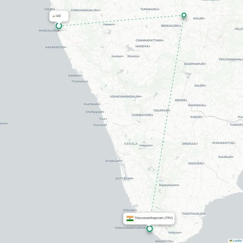 Mapa lotu bezpośredniego Mangalore – Trivandrum