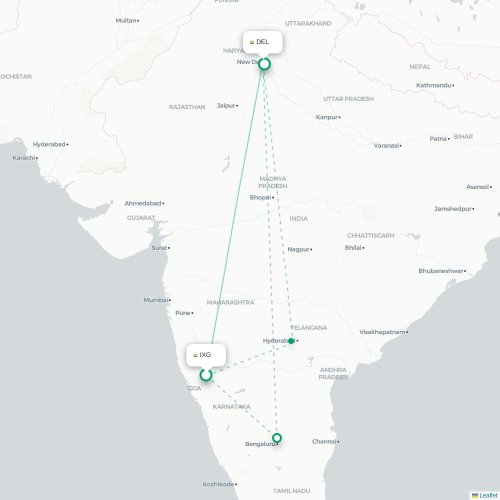 Mapa de vuelo directo Belgaum - Nueva Delhi