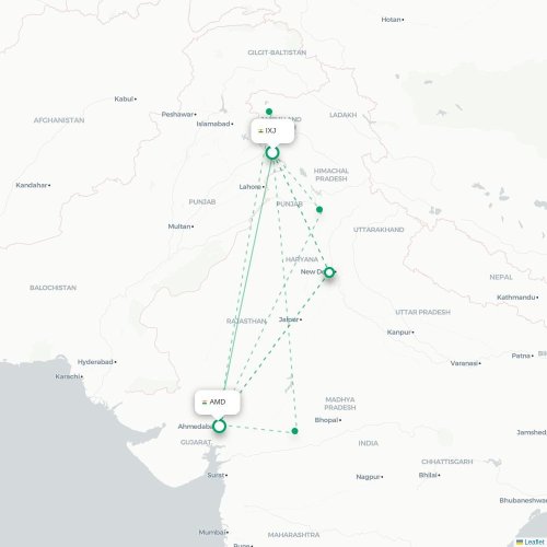 Mapa de vuelo directo Jammu - Ahmedabad