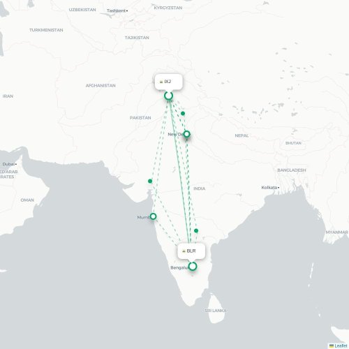 Mapa de vuelo directo Jammu - Bangalore