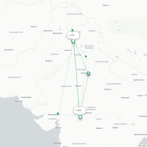 Mapa de vuelo directo Jammu - Indore