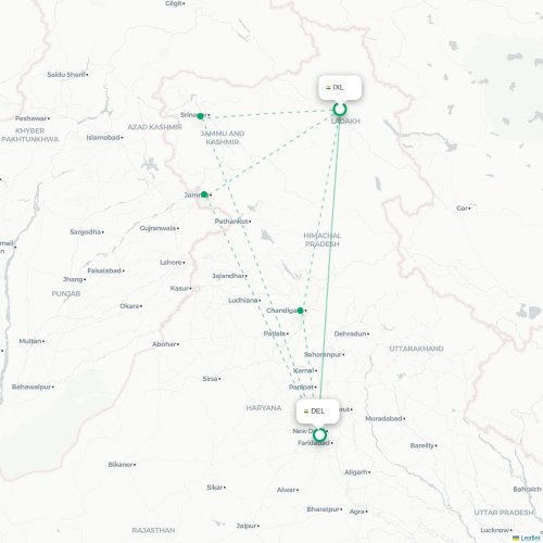 Leh – New Delhi suoran lennon kartta